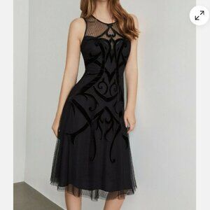 NWT BCBGMaxAzria 10 Black Illusion Velvet Applique Sleeveless Sheer Midi Dress